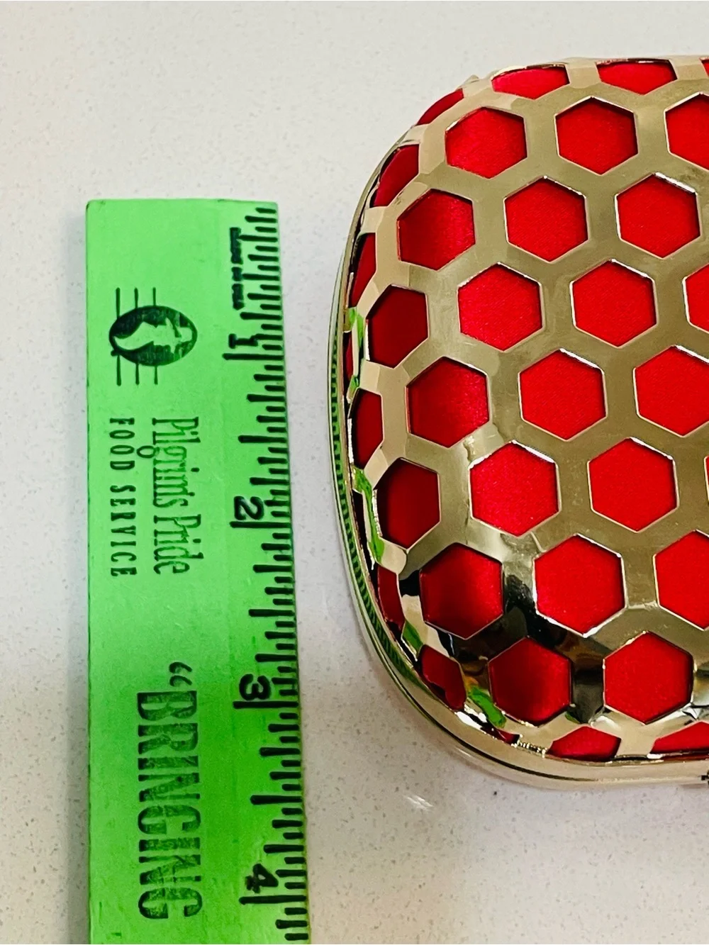 Inge Christopher Gold & Red Satin Clutch Bag Honeycomb Pattern Hard Shell